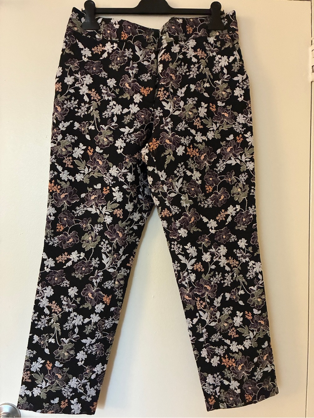 LOFT Black Floral Embroidered Pants with Pastel Accents